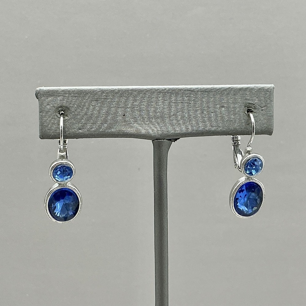 Monet Earrings Blue Oval Stone‎ Dangle Leverback Silver Tone 1 Inch Drop Womens